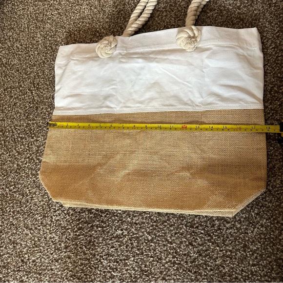 White Canvas And Burlap Tote Bag - Picture 4 of 10